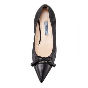Prada Black Leather Cap toe logo embellish bow tie stretch ballerina flats EU 38